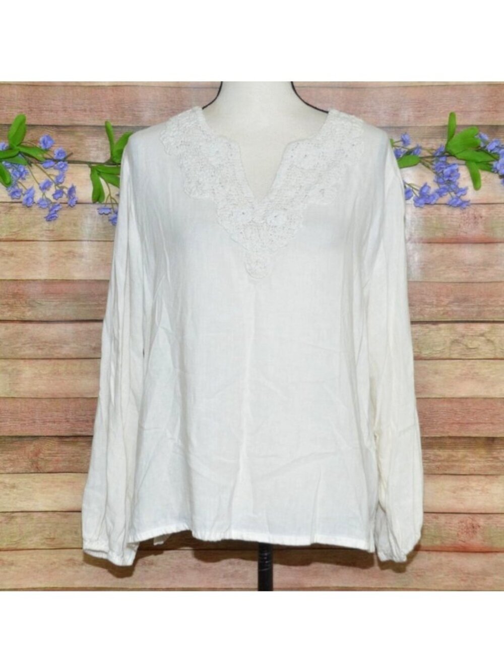 Calligraphie Linen Blend Blouse Women L Off White Crochet Embellished V Neck